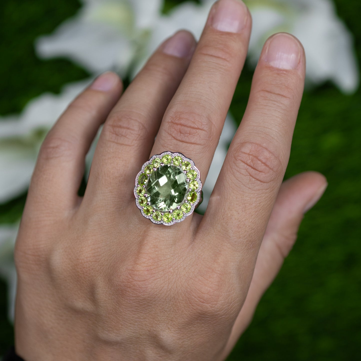 Green Amethyst Cocktail Ring Peridot Halo 7.18 Carats Sterling Silver