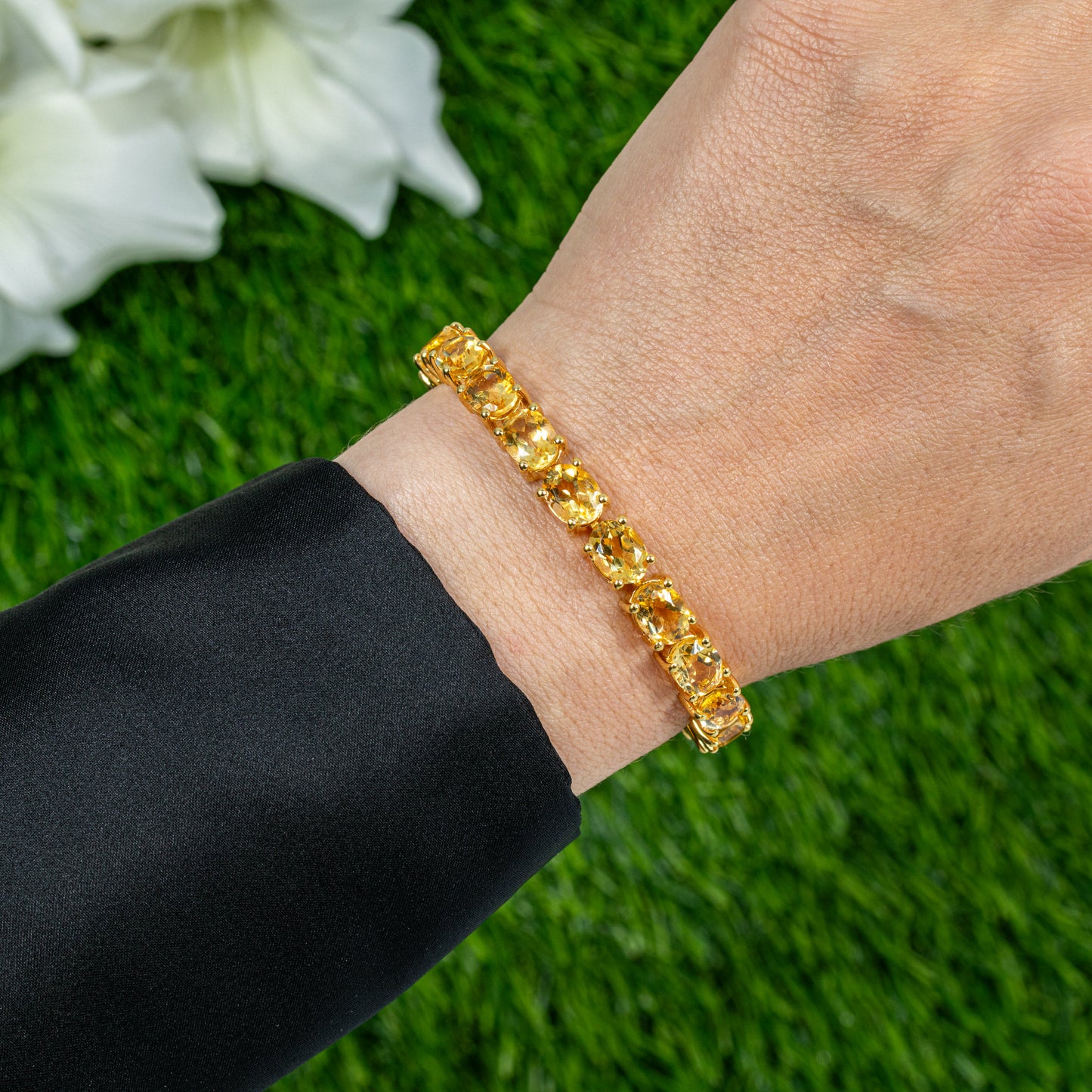 Natural Citrine Tennis Bracelet 22 Carats 24K Yellow Gold Plated Sterling Silver