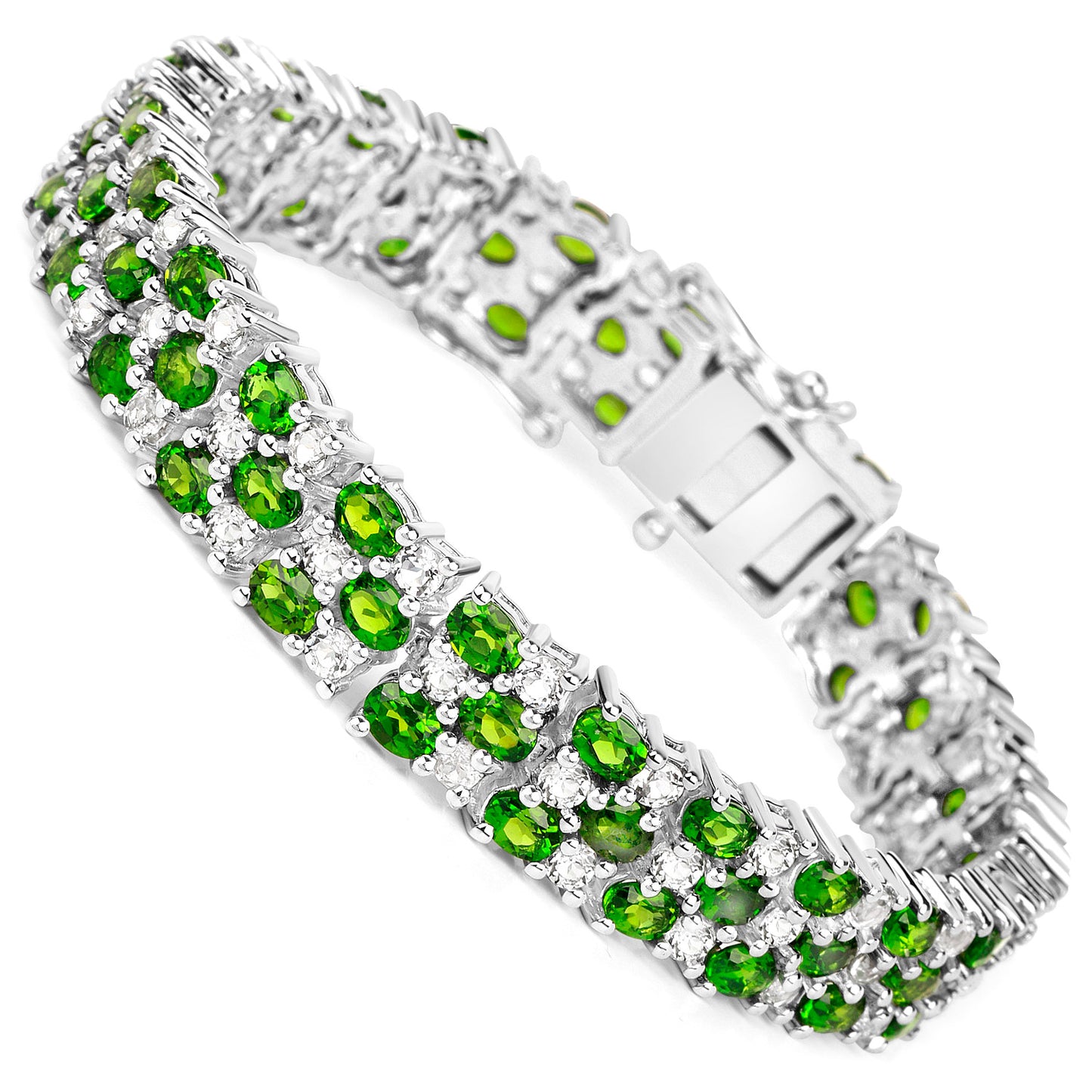 Chrome Diopside Tennis Bracelet With White Topazes 17 Carats Sterling Silver
