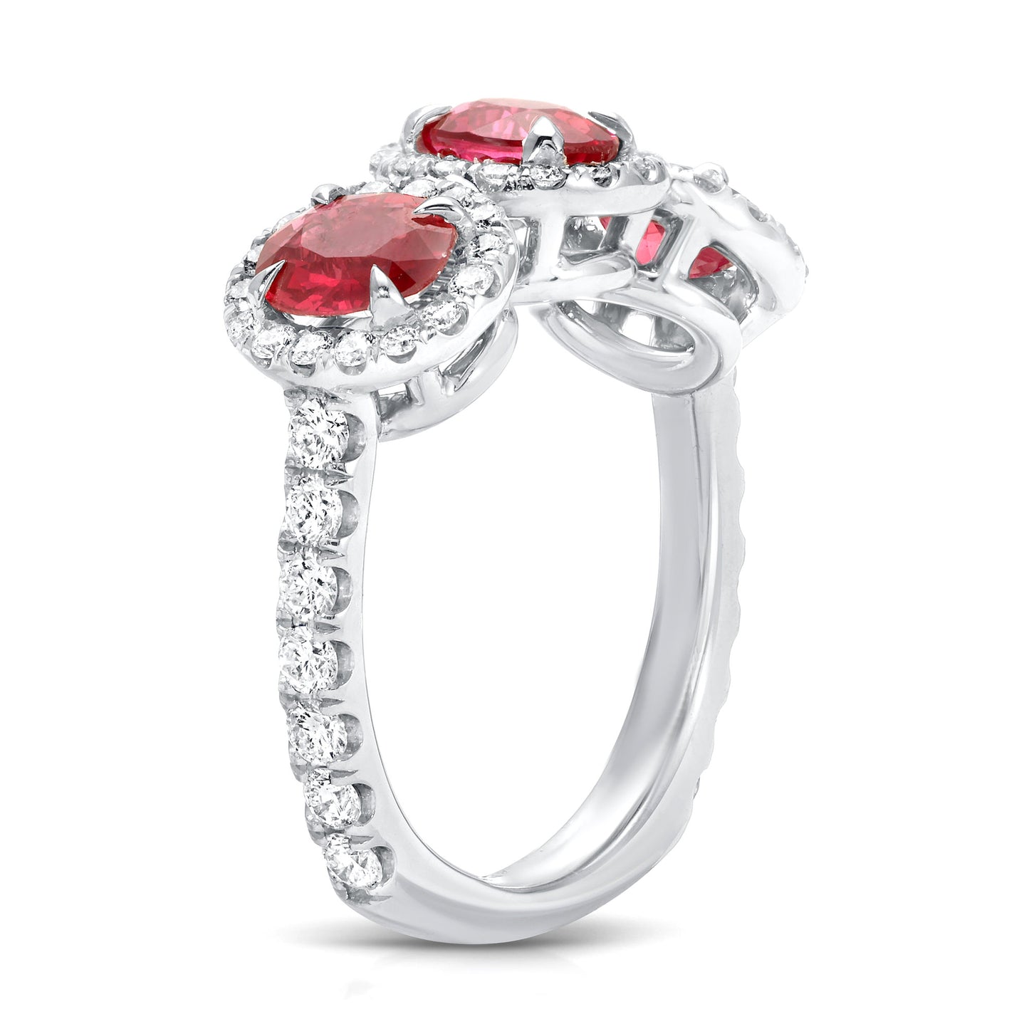 Three Rubies Ring Diamond Setting 3.21 Carats 18K White Gold