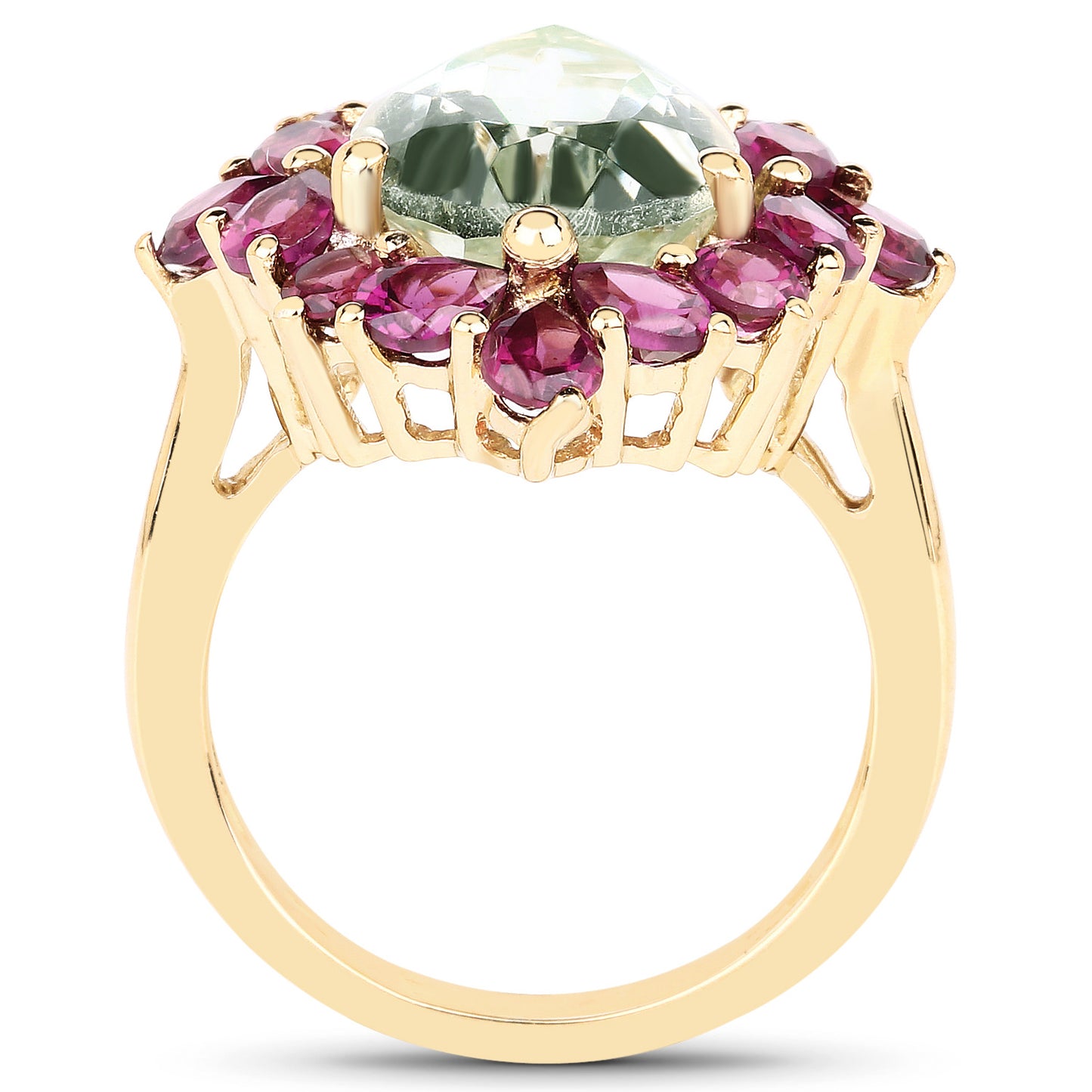 Green Amethyst Ring Rhodolites 7.1 Carats 14K Yellow Gold Plated Silver