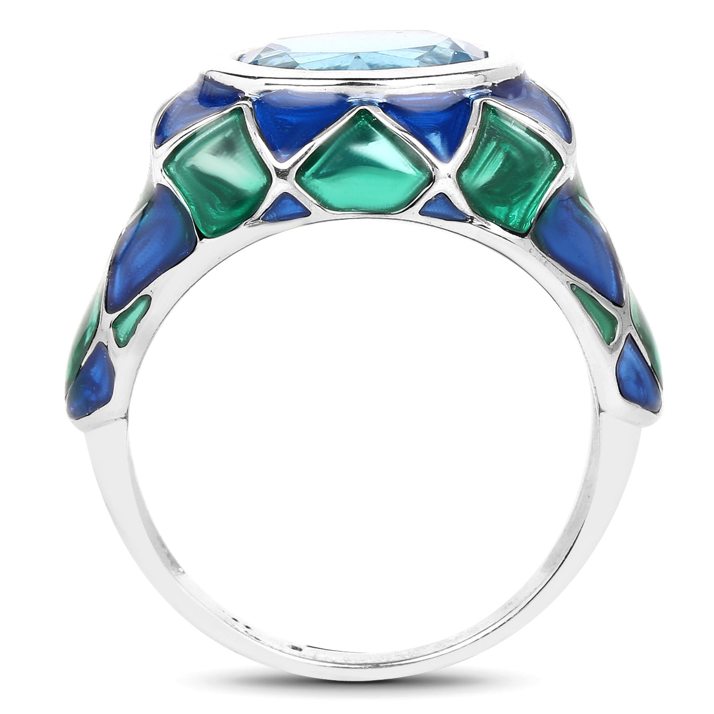 Swiss Blue Topaz Cocktail Ring Blue and Green Enamel 3.25 Carats