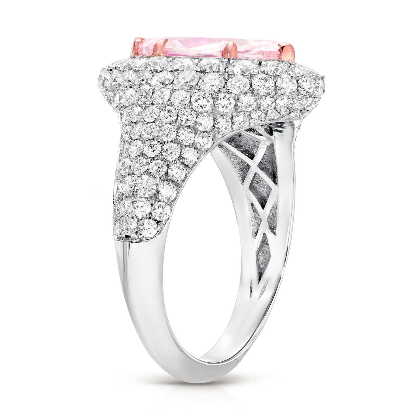 GIA Certified Pink Diamond Cocktail Ring Diamond Halo 3.8 Carats Total 18K Gold