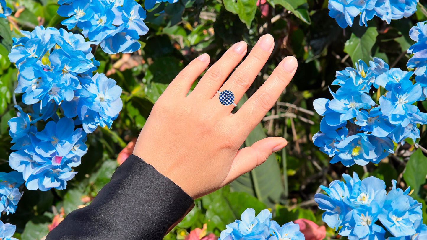 Sapphire And Diamond Checker Ball Ring 1.11 Carats 18K White Gold