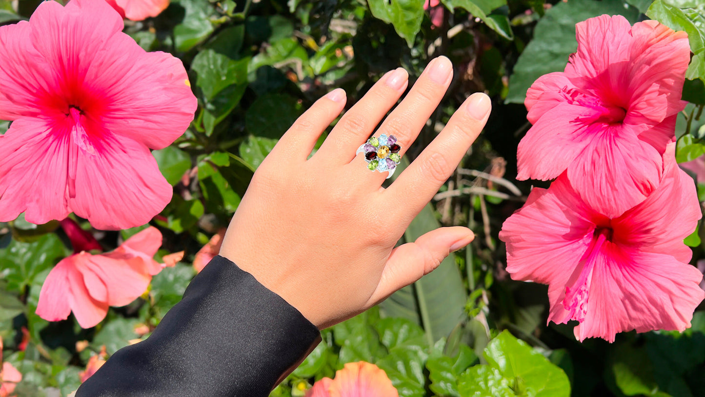 Multicolor Gemstones Flower Ring 5.2 Carats Sterling Silver