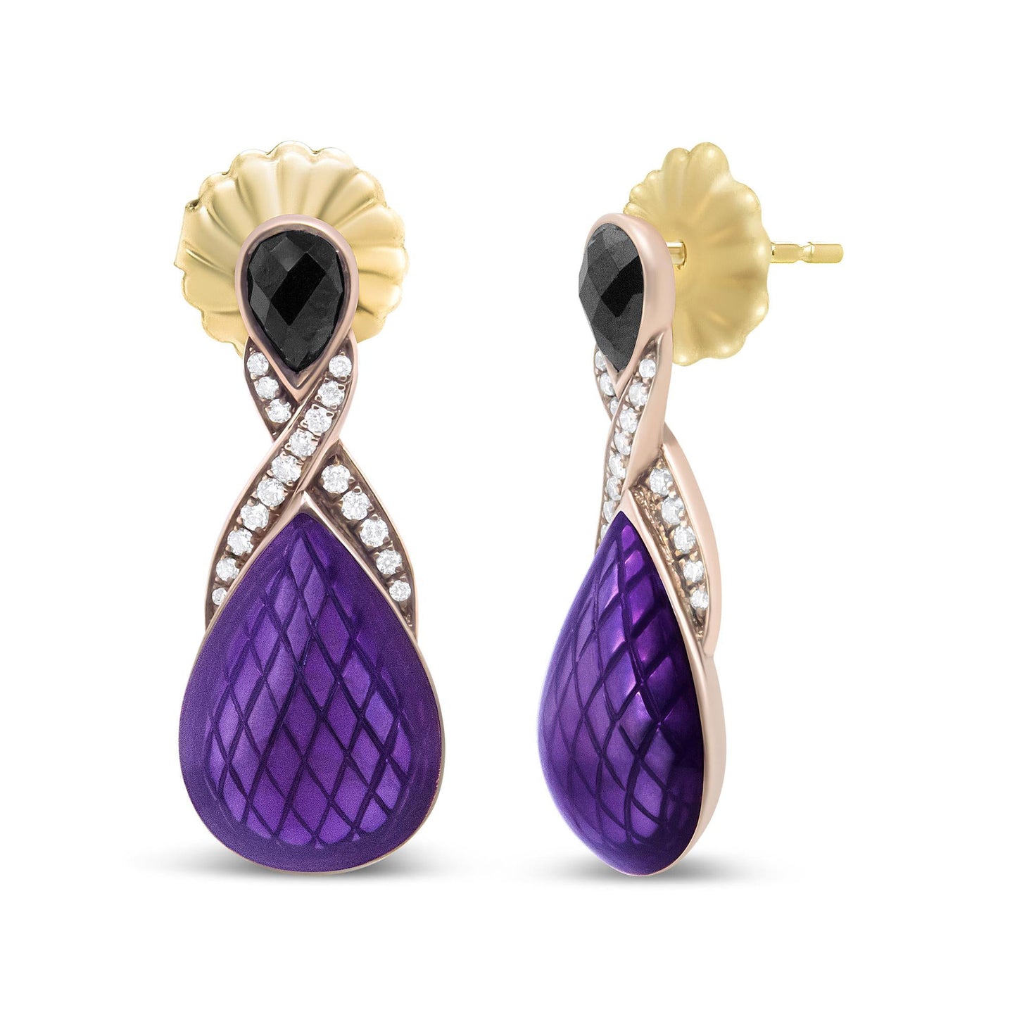 Purple Enamel Drop Earrings Diamonds and Onyx 18K Gold Plated