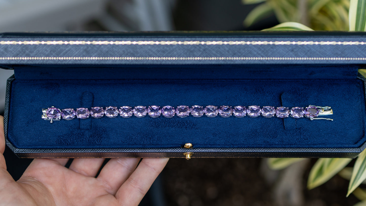 Pink Amethyst Tennis Bracelet 30 Carats Rhodium Plated Sterling Silver