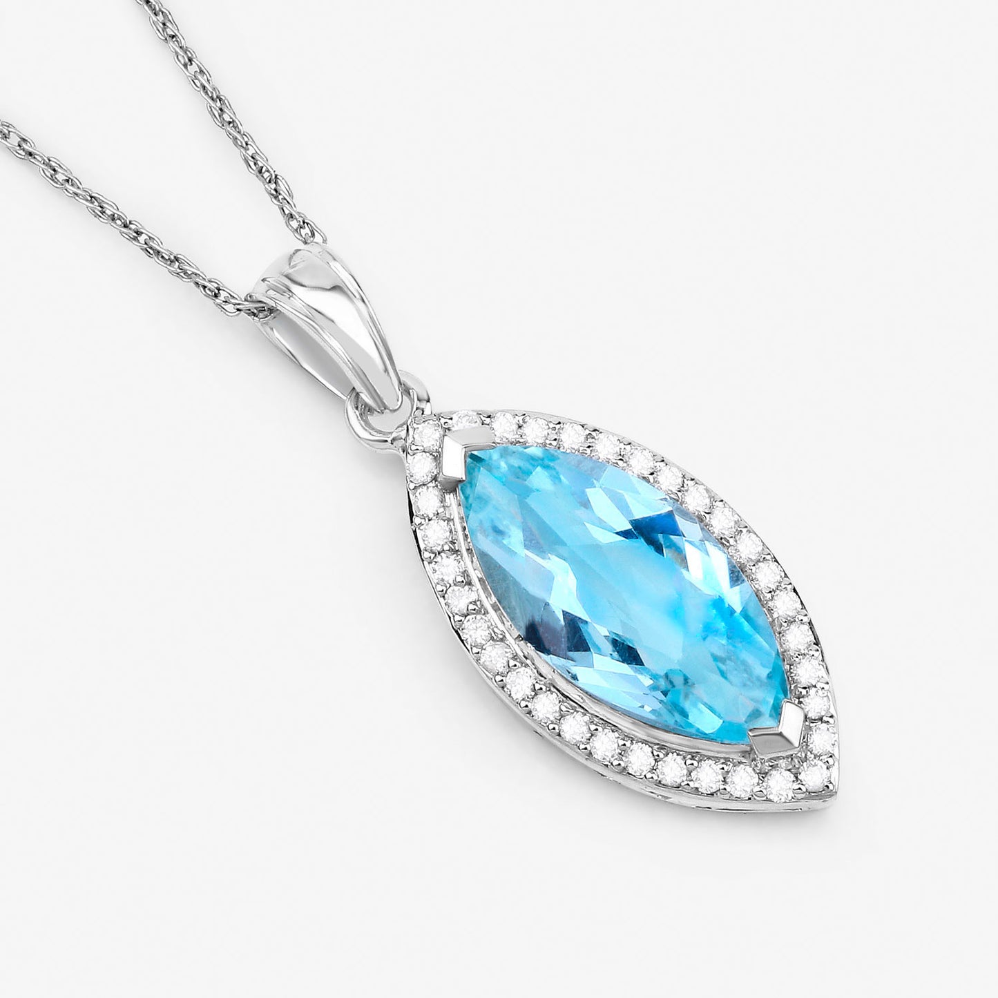 Marquise Aquamarine Necklace With Diamond Halo 2.55 Carats 14K White Gold
