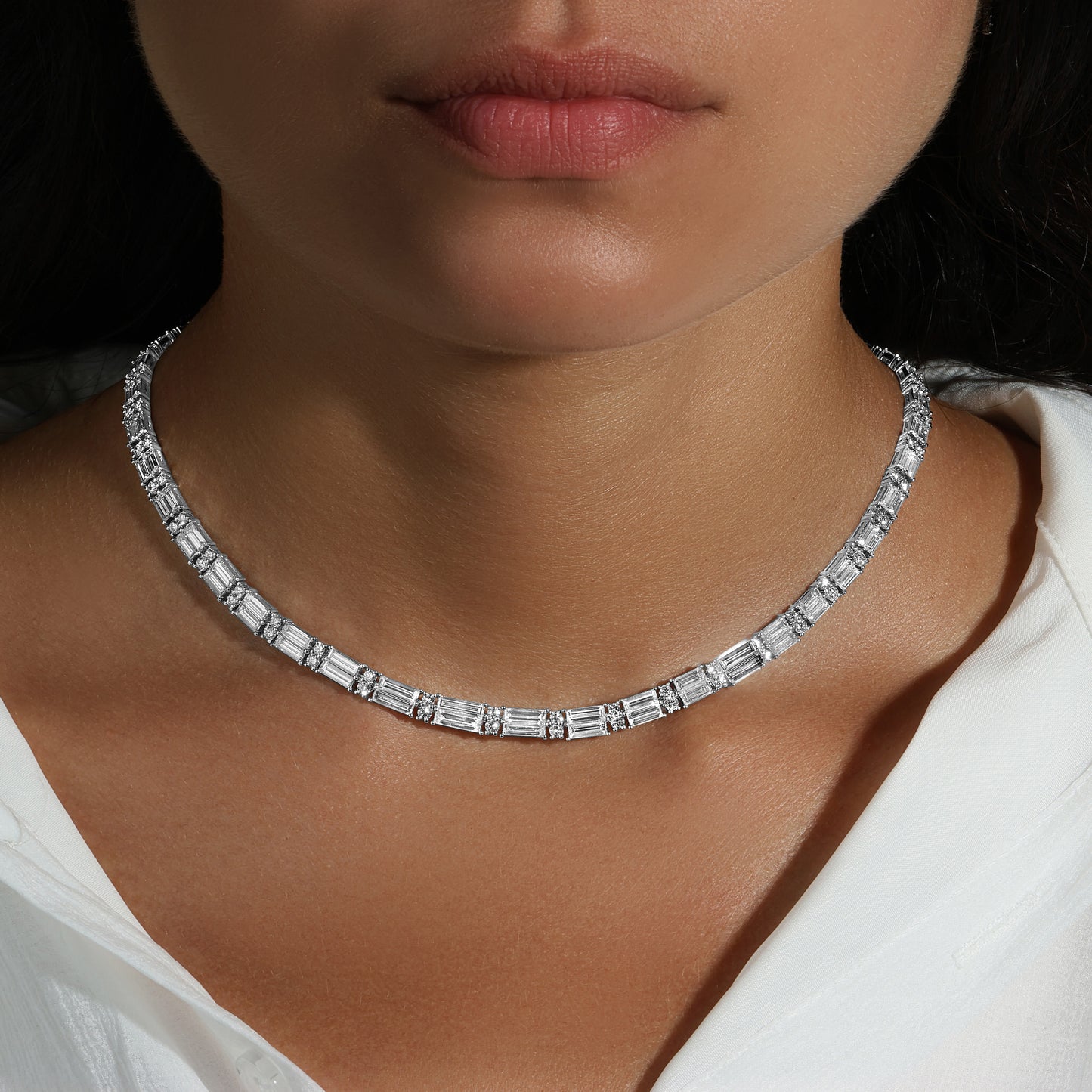 Stunning Baguette and Round Cut Diamond Tennis Necklace 18.22 Carats 18K Gold