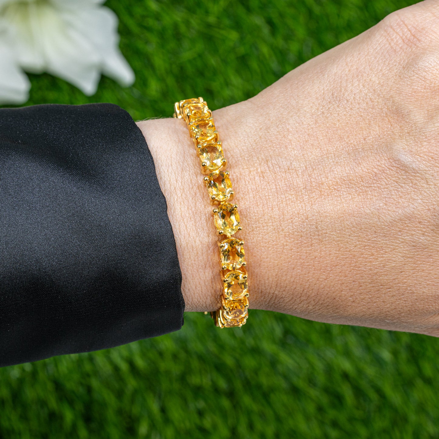 Natural Citrine Tennis Bracelet 22 Carats 24K Yellow Gold Plated Sterling Silver