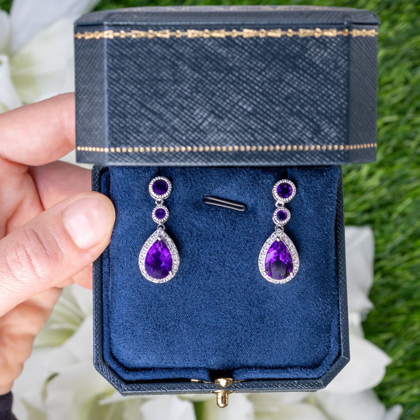Amethyst Dangle Earrings White Topaz 6.98 Carats 18K White Gold Plated Silver