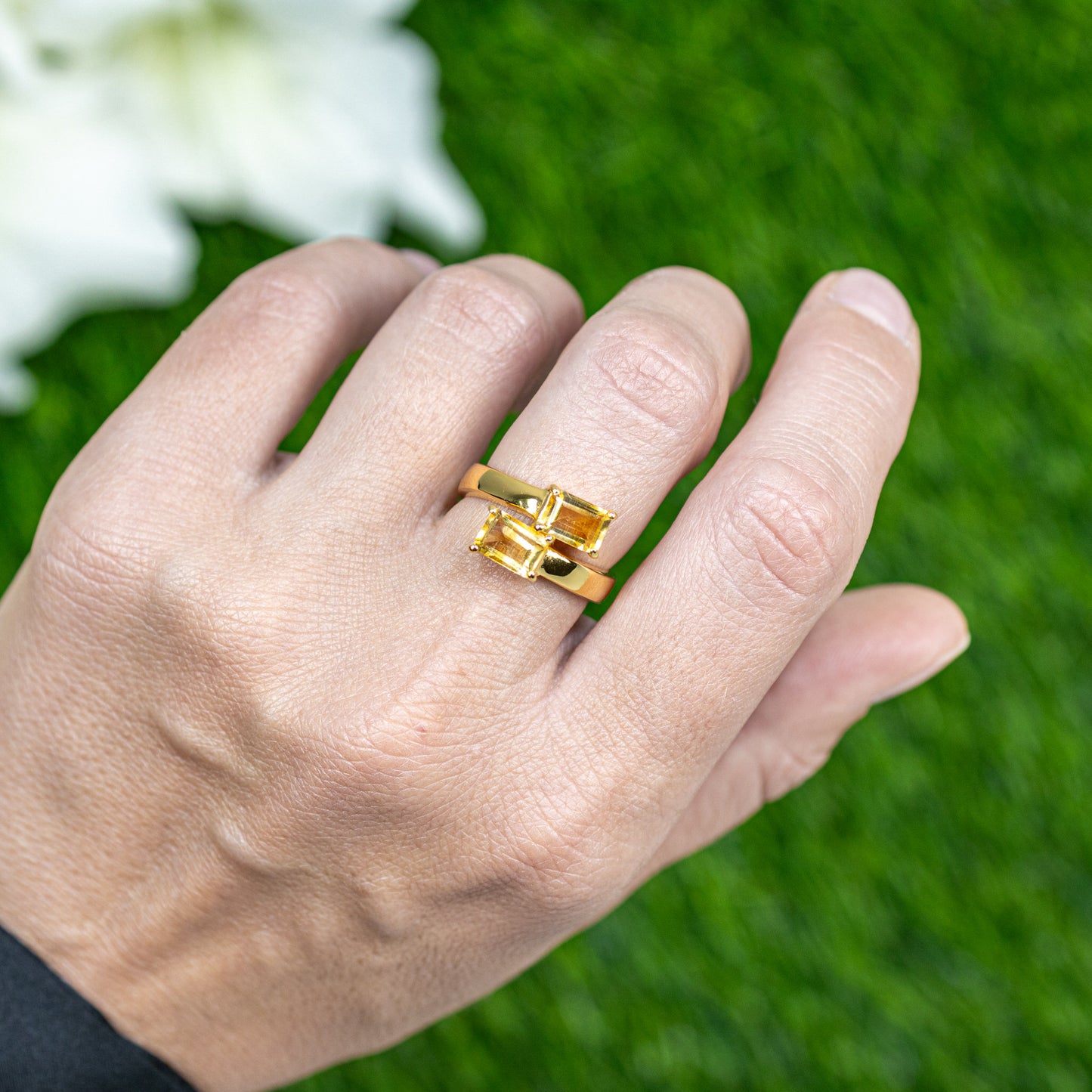 Citrine Bypass Ring 1.78 Carats Total 24K Yellow Gold Plated Silver