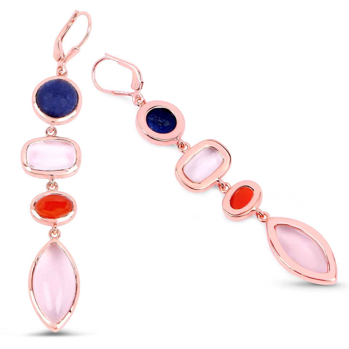 Aventurine Dangle Earrings Carnelian Rose Quartz 33 Carats Gold Plated Silver