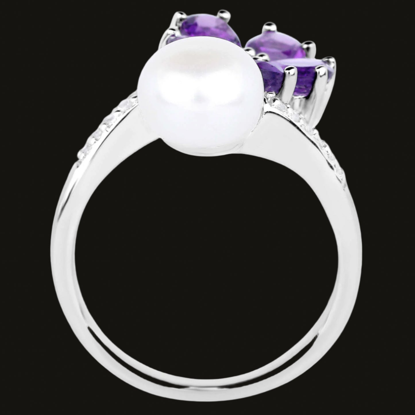Amethyst and Pearl Bypass Flower Ring With White Zircons