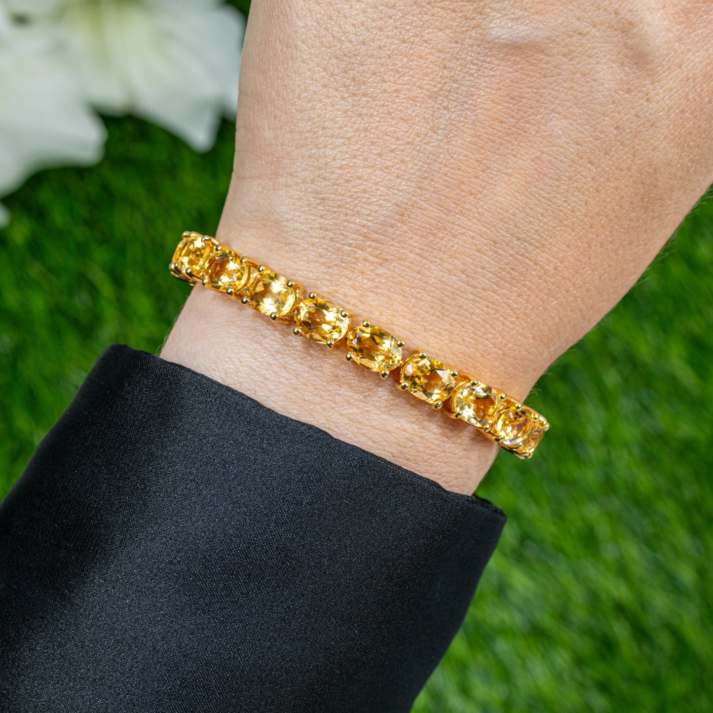 Natural Citrine Tennis Bracelet 22 Carats 24K Yellow Gold Plated Sterling Silver