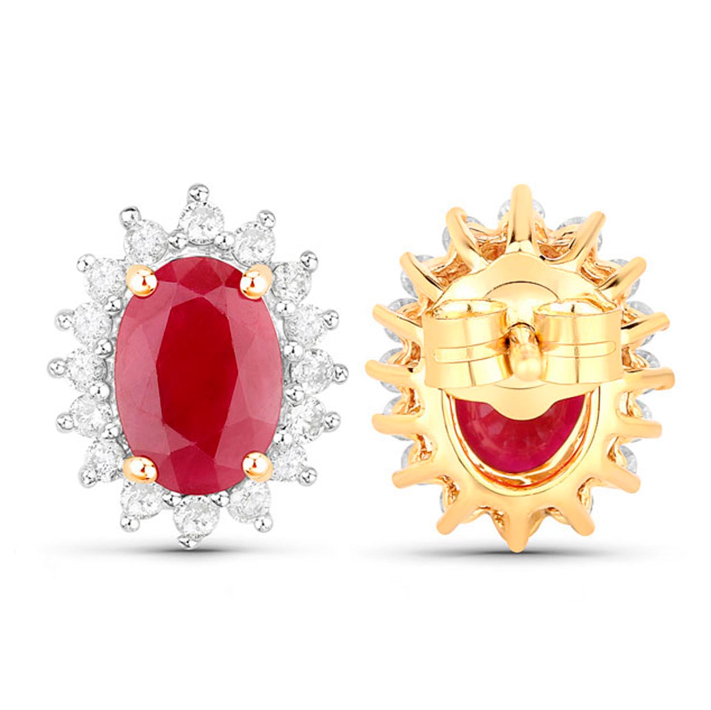 Ruby Earrings Halo Diamonds 2 Carats 14K Yellow Gold