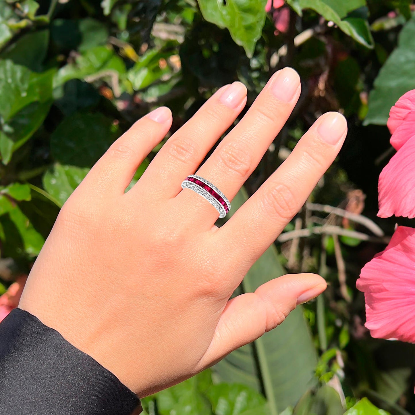 Ruby Band Ring With Diamonds 1.79 Carats 18K White Gold