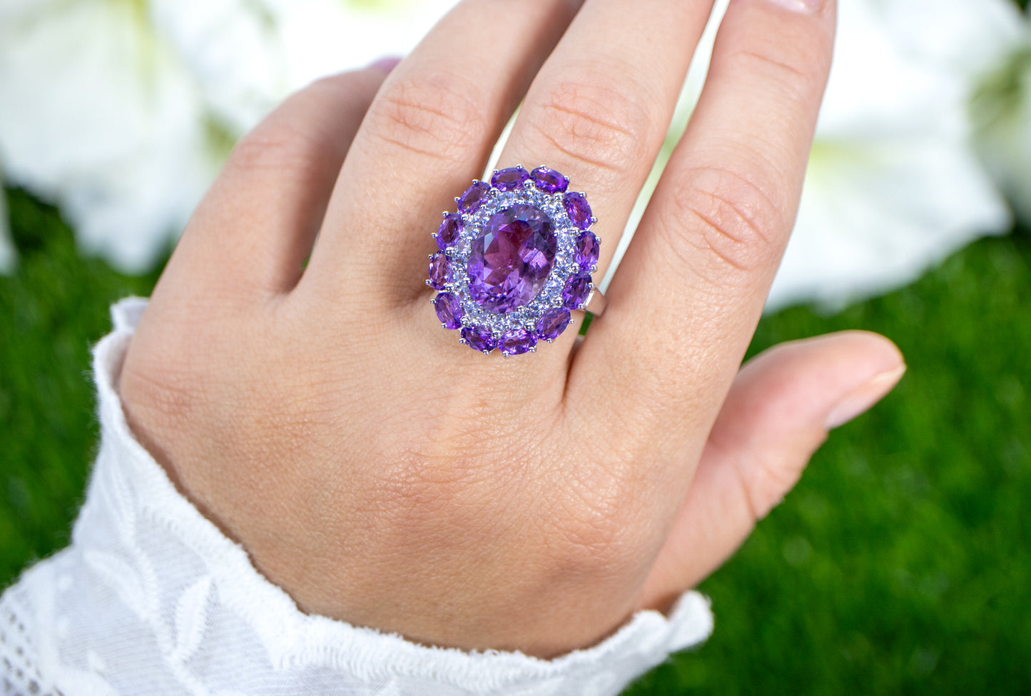 Amethyst Cocktail Ring Tanzanite Halo 7.8 Carats