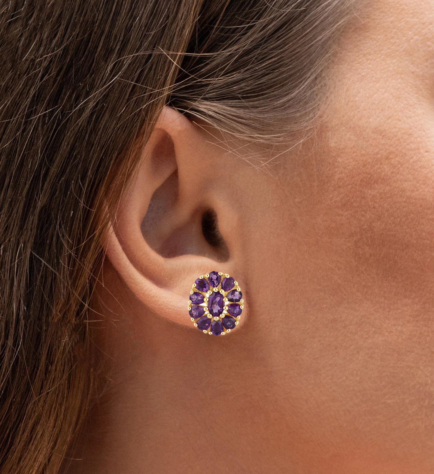Floral Earrings Amethyst 3.82 Carats 18K Yellow Gold Plated Silver