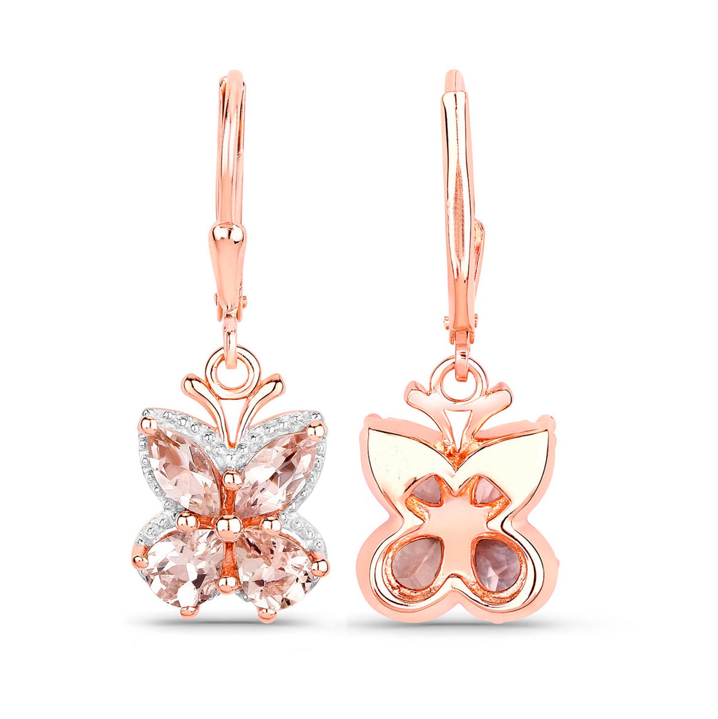 Morganite Dangle Earrings 1.86 Carats 18K Rose Gold Plated Silver