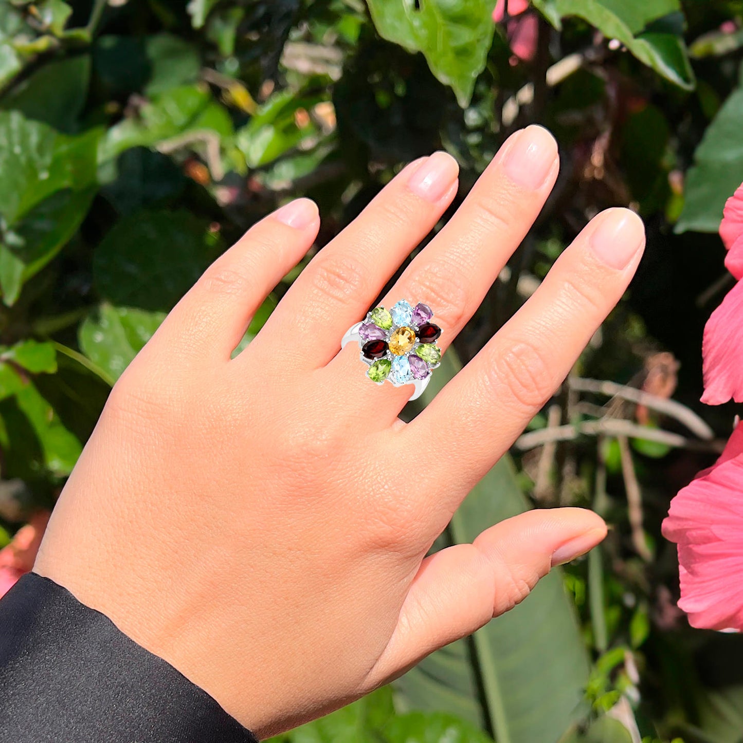 Multicolor Gemstones Flower Ring 5.2 Carats Sterling Silver