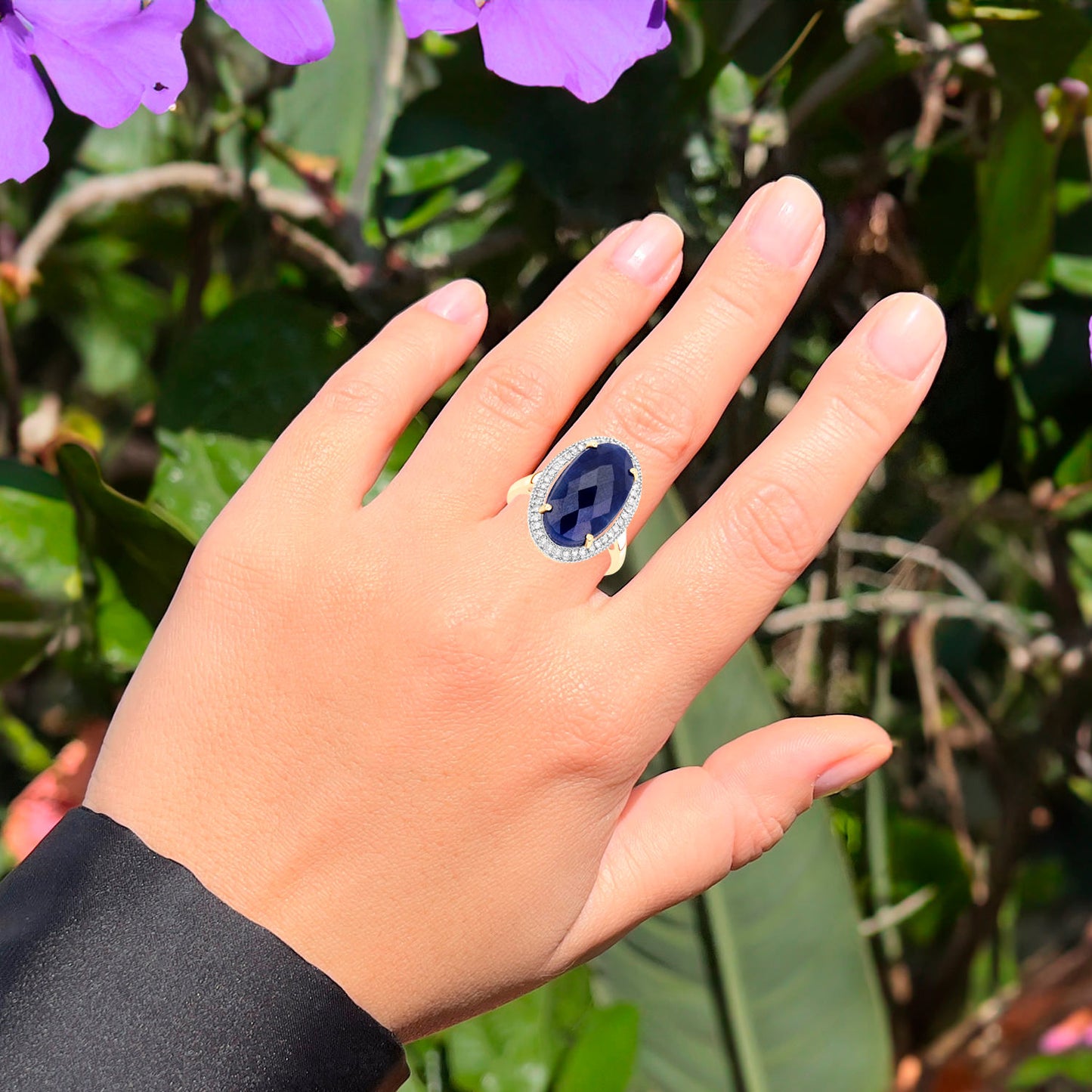 Deep Blue Rose Cut 10 Carat Sapphire Cocktail Ring Diamond Halo 14K Yellow Gold