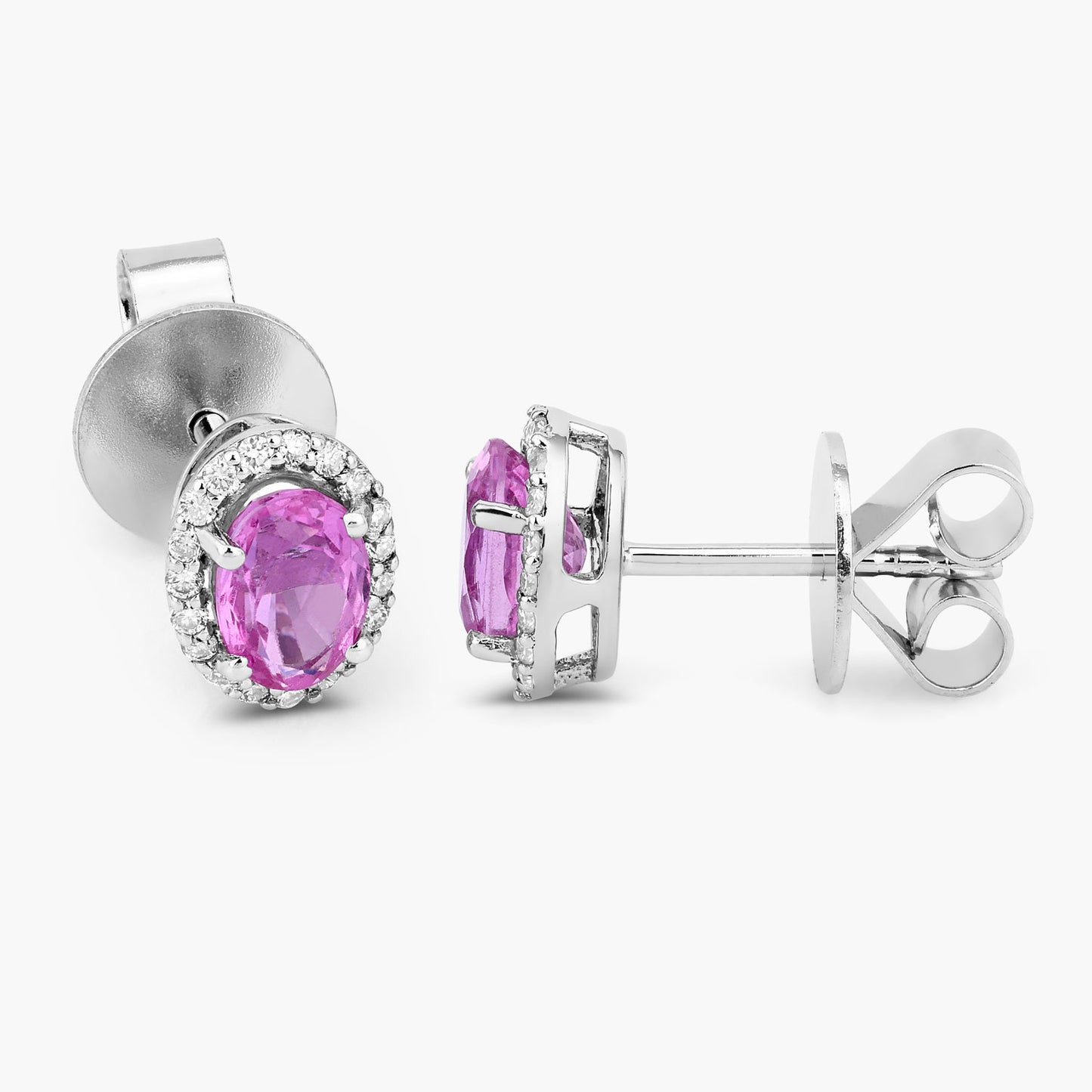 Natural Pink Sapphire Stud Earrings With Diamonds 1.46 Carats 14K White Gold