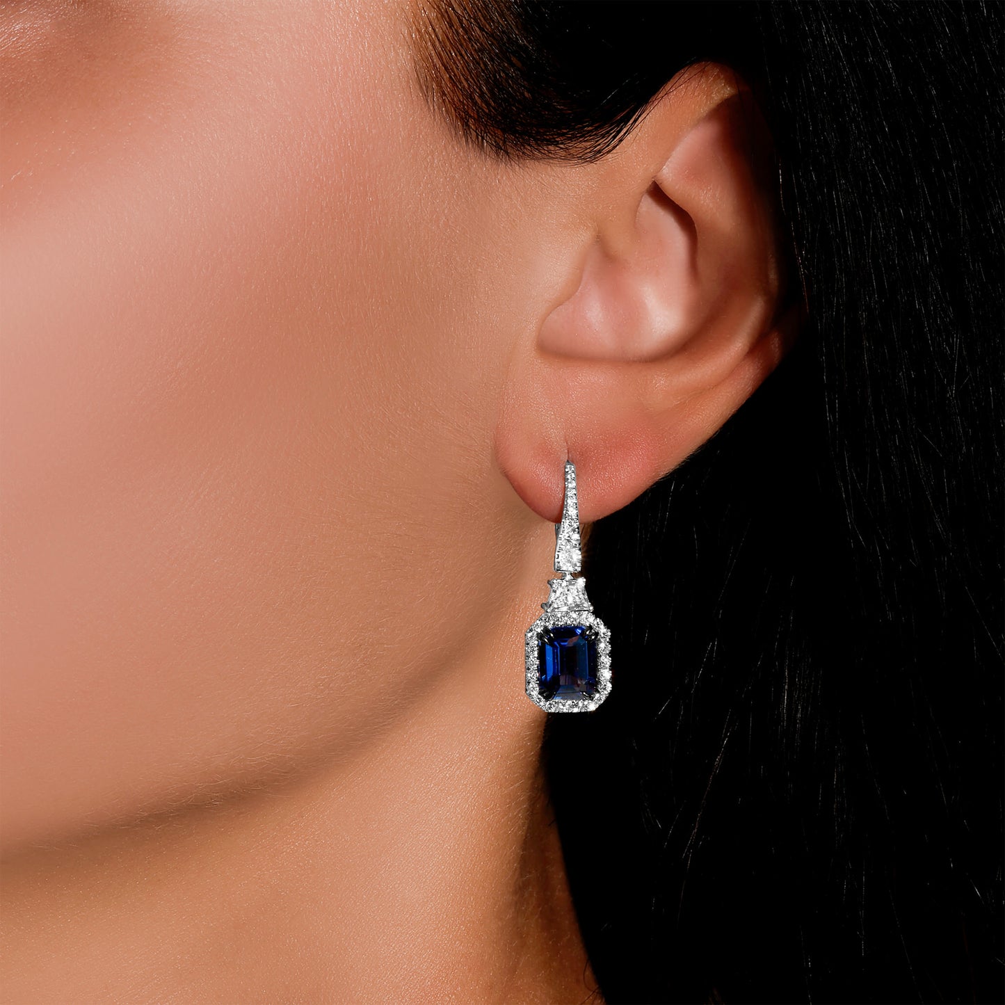 GIA Certified Blue Sapphire Dangle Earrings Diamond Halo 6.7 Carats 18K Gold