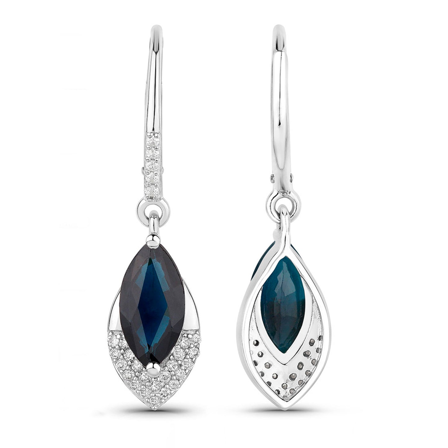 Blue Sapphire Dangle Earrings Diamonds 2.7 Carats 14K White Gold