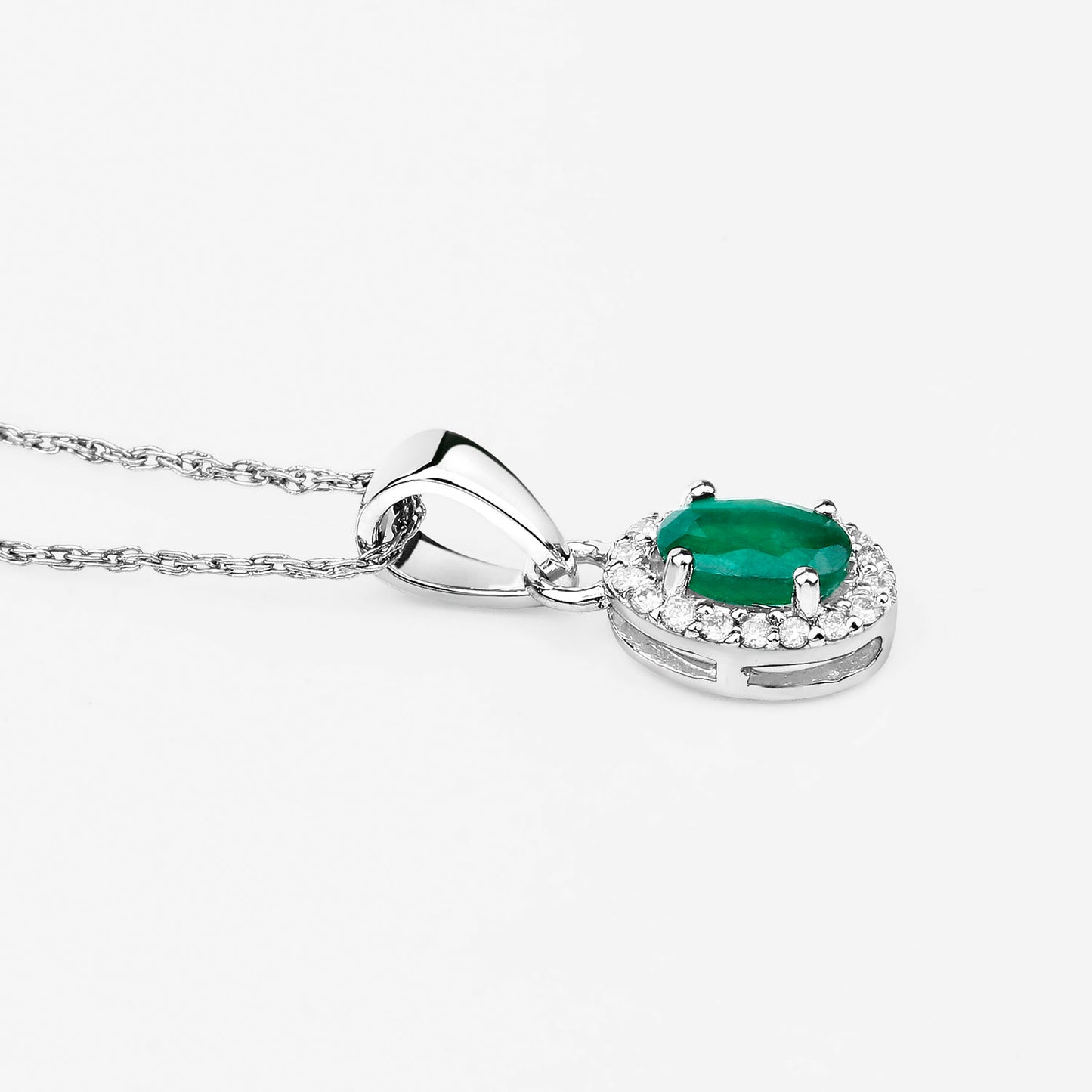 Zambian Emerald Pendant Necklace With Diamonds 0.81 Carats 14K White Gold