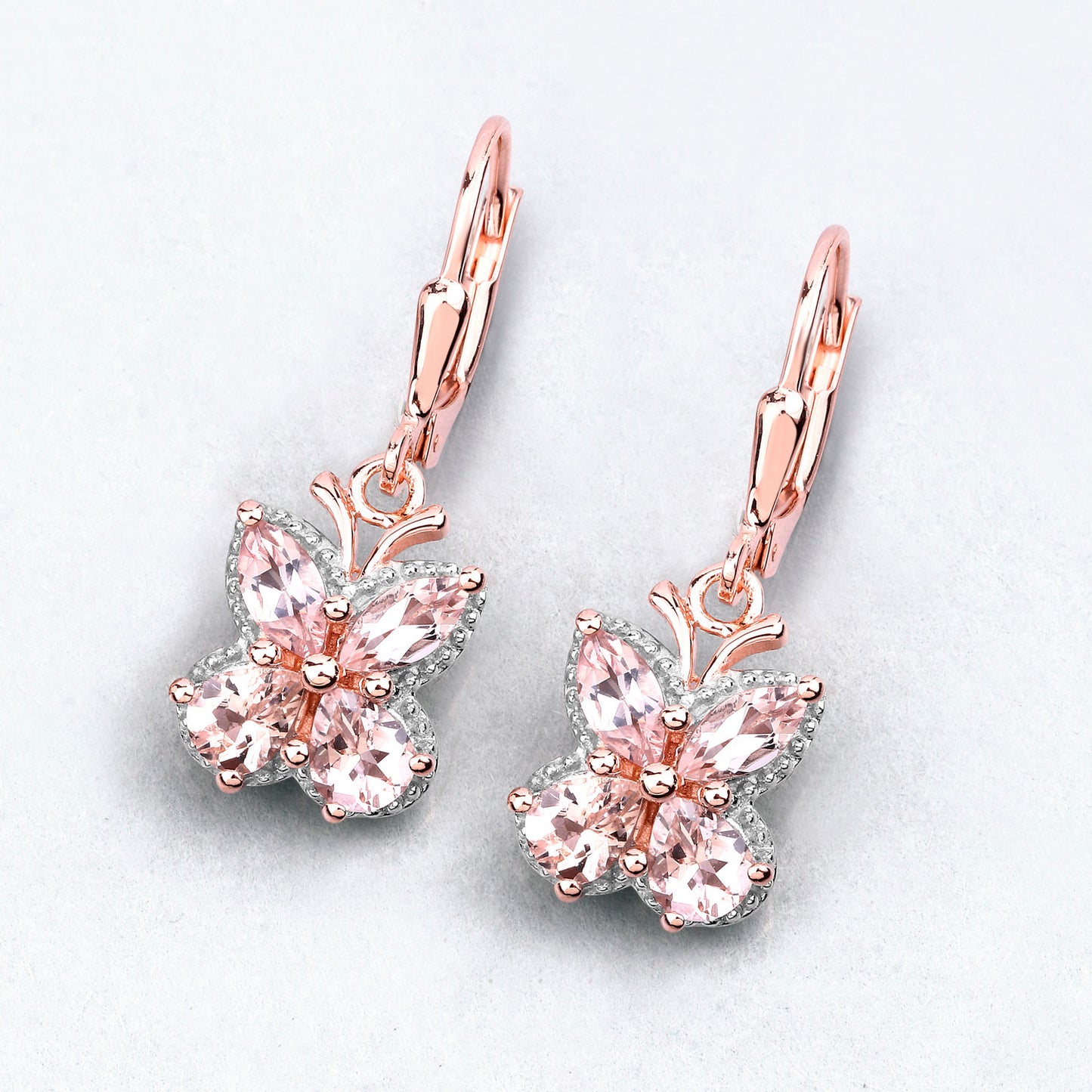 Morganite Butterfly Earrings 1.87 Carats 18K Rose Gold Plated Silver