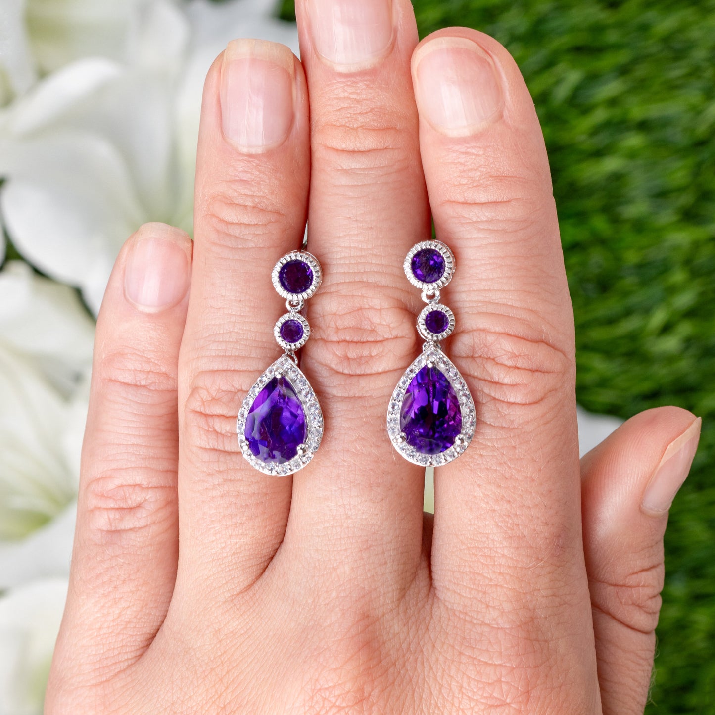 Amethyst Dangle Earrings White Topaz 6.98 Carats 18K White Gold Plated Silver