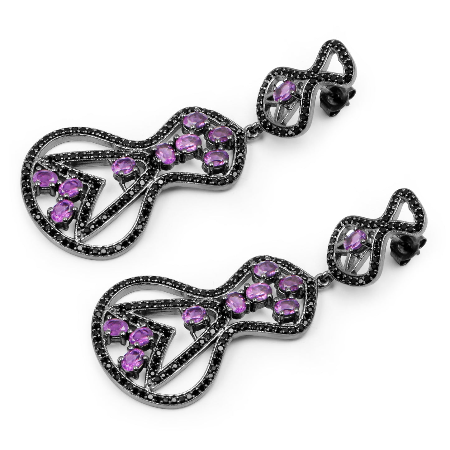 Amethyst Dangle Earrings Black Spinel 5.2 Carats Sterling Silver