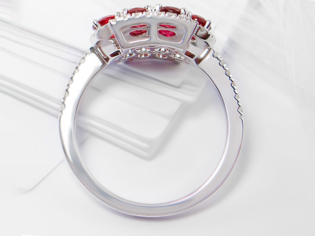 Ruby Flower Ring With Diamonds 2.33 Carats 18K White Gold