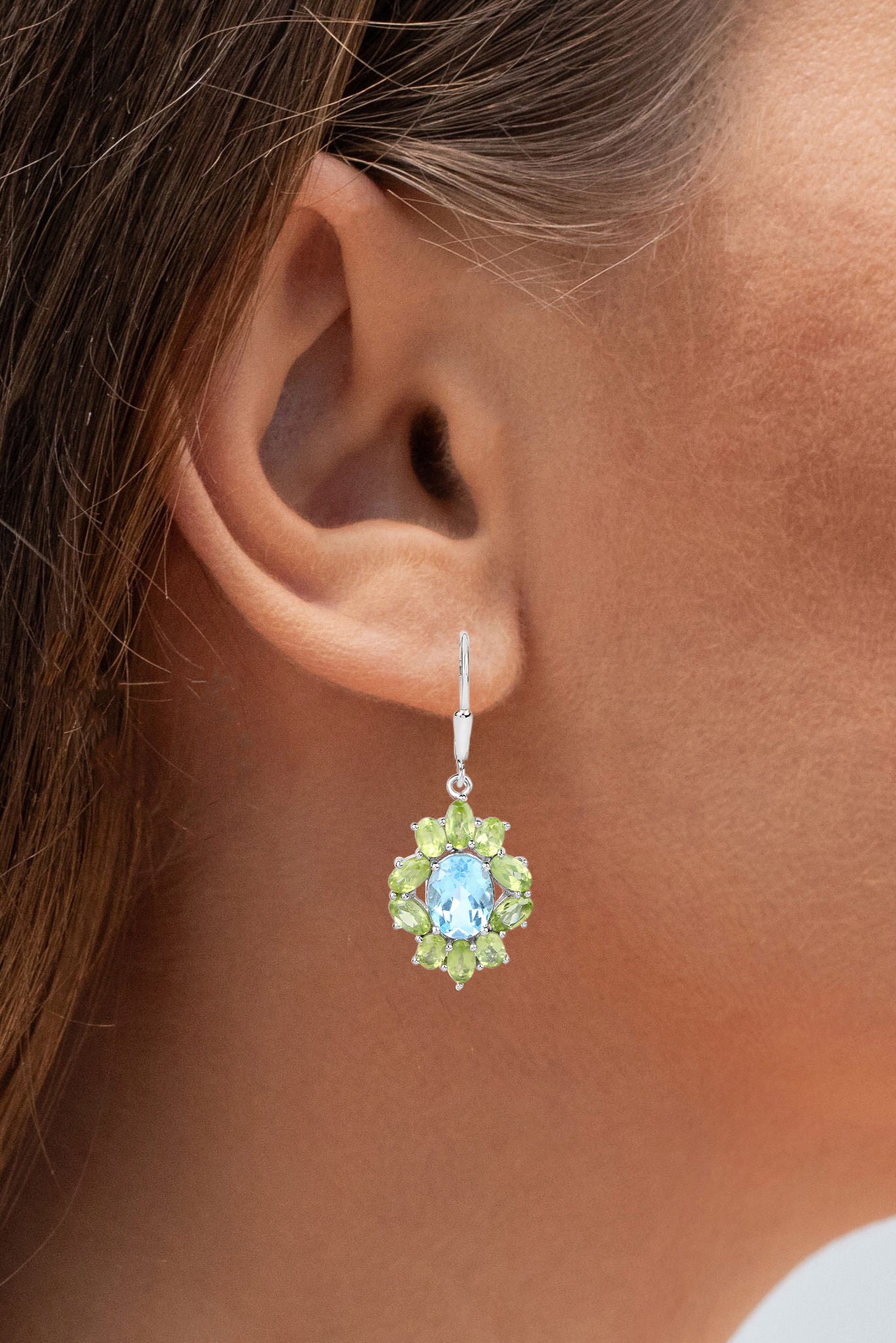 Blue Topaz Earrings With Peridot 8.08 Carats Sterling Silver