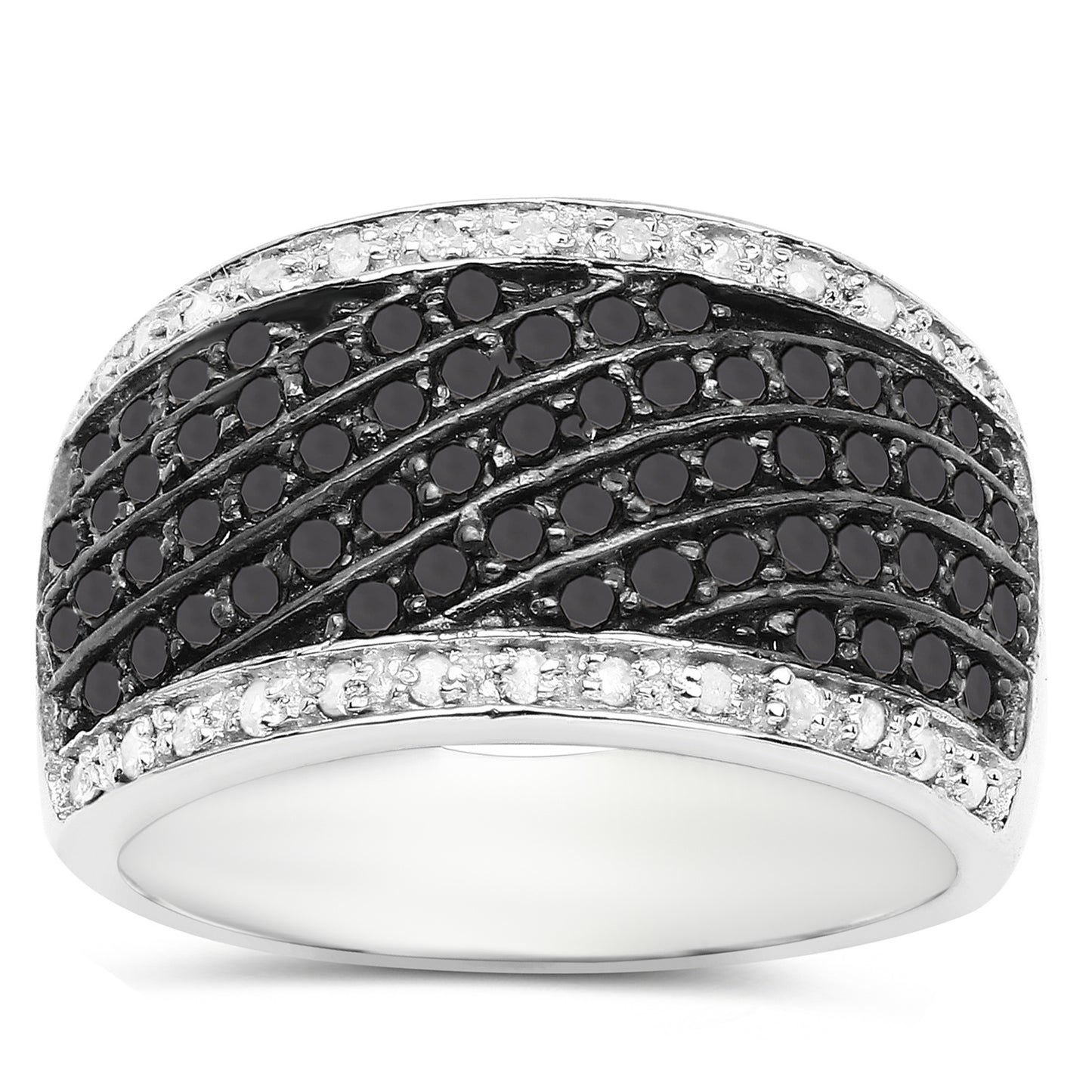 Wide Band Cluster Ring Black and White Diamonds Sterling Silver