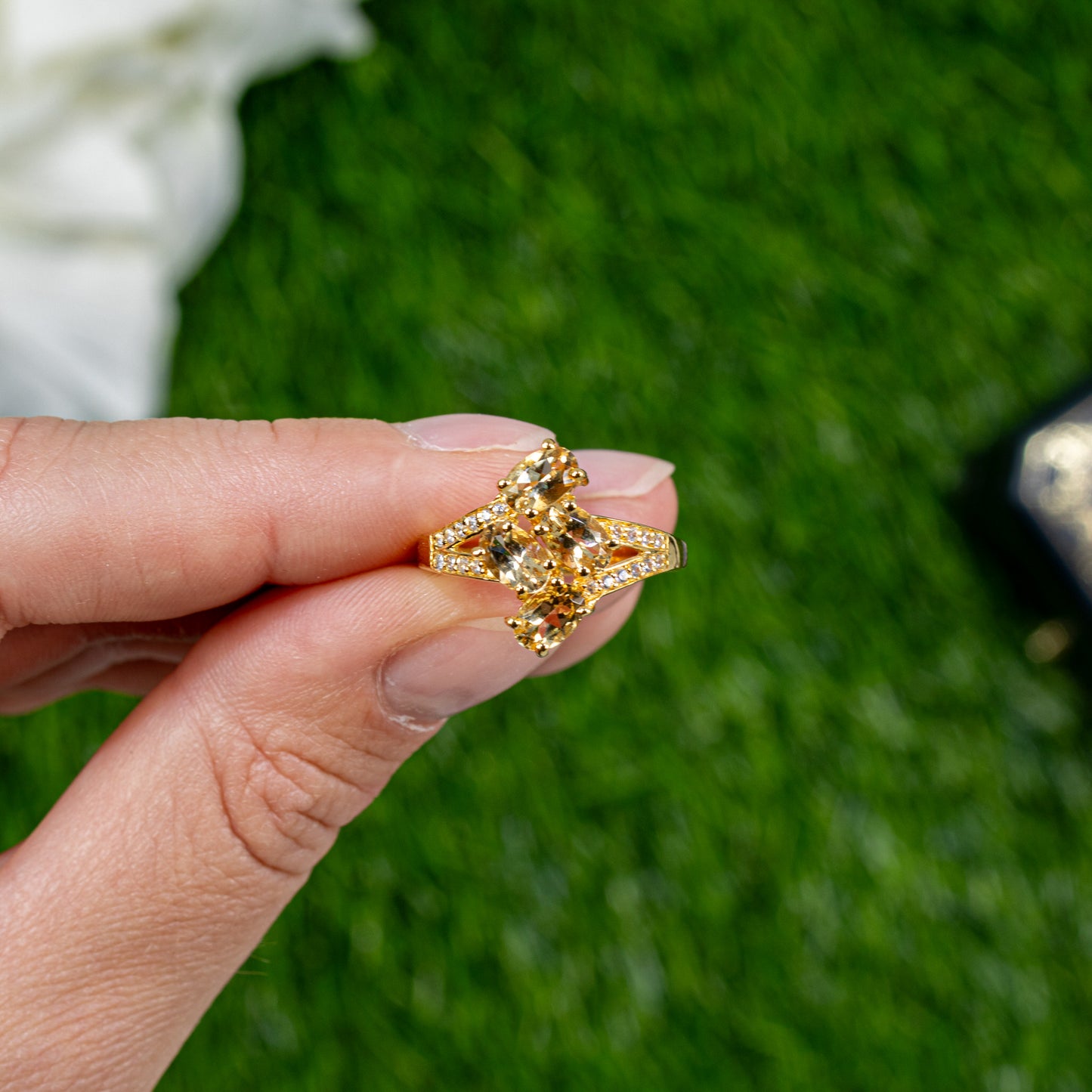 Beryl Bypass Ring Zircon Setting 1.75 Carats 24K Yellow Gold Plated Silver