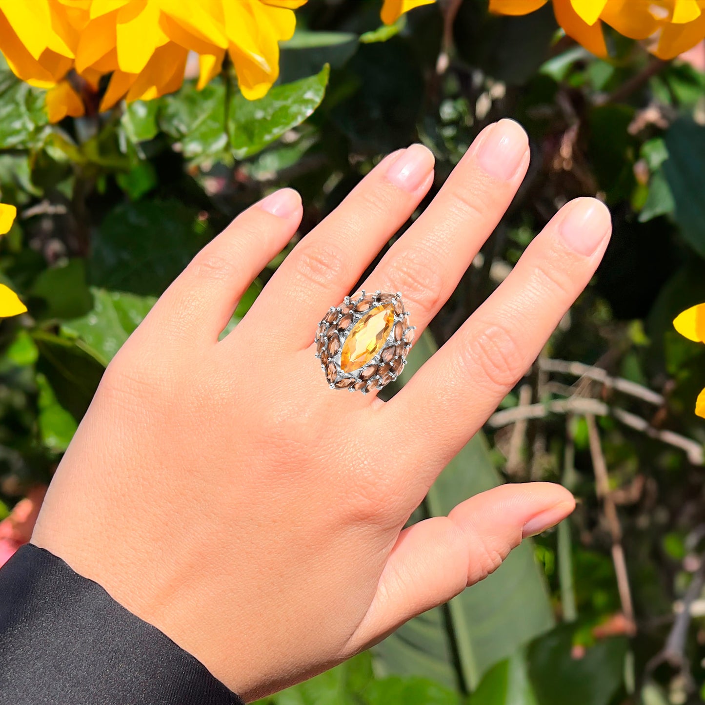Marquise Cut Cocktail Ring Citrine and Smoky Quartz 6.20 Carats