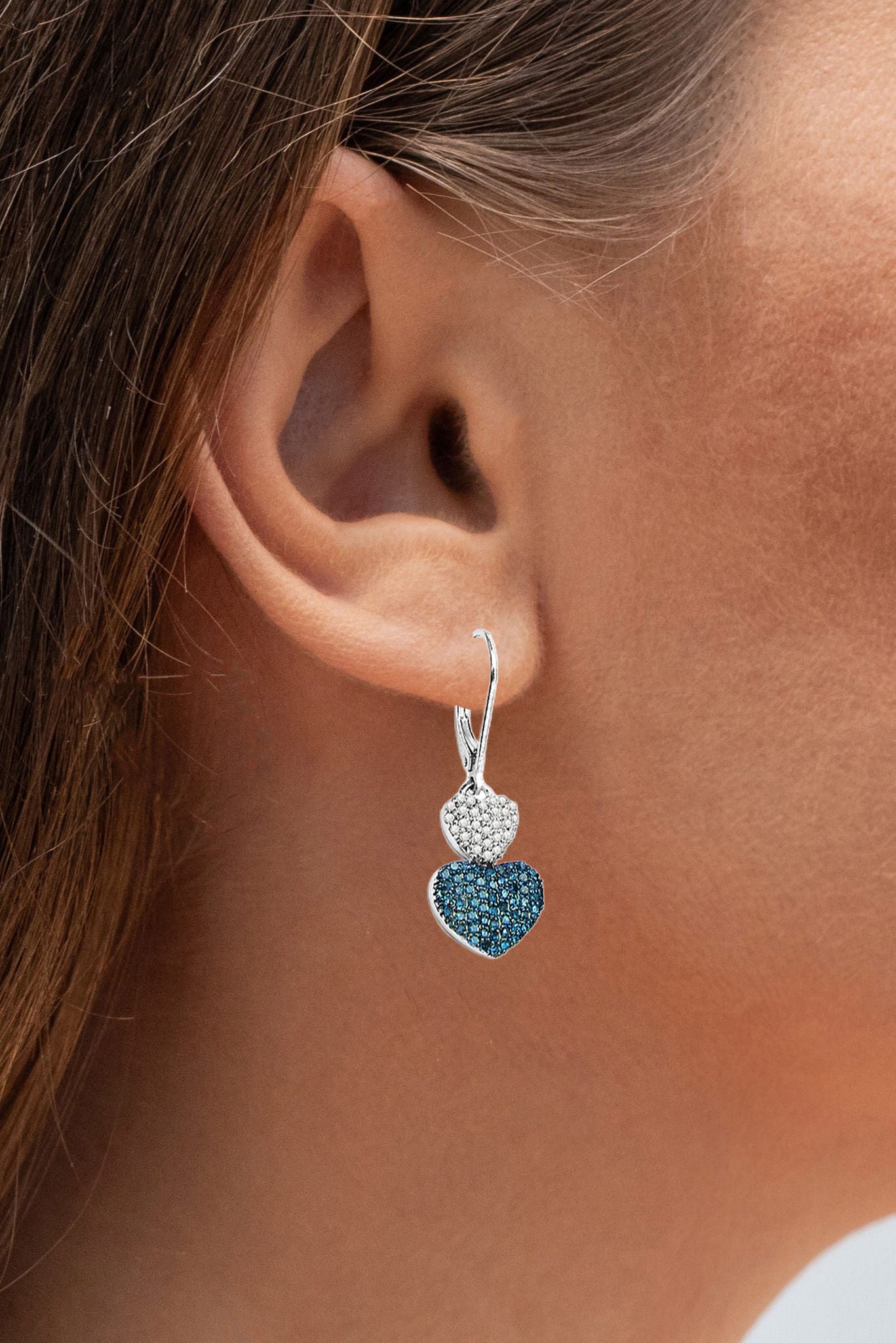 Blue and White Diamond Heart Earrings 0.82 Carats Sterling Silver
