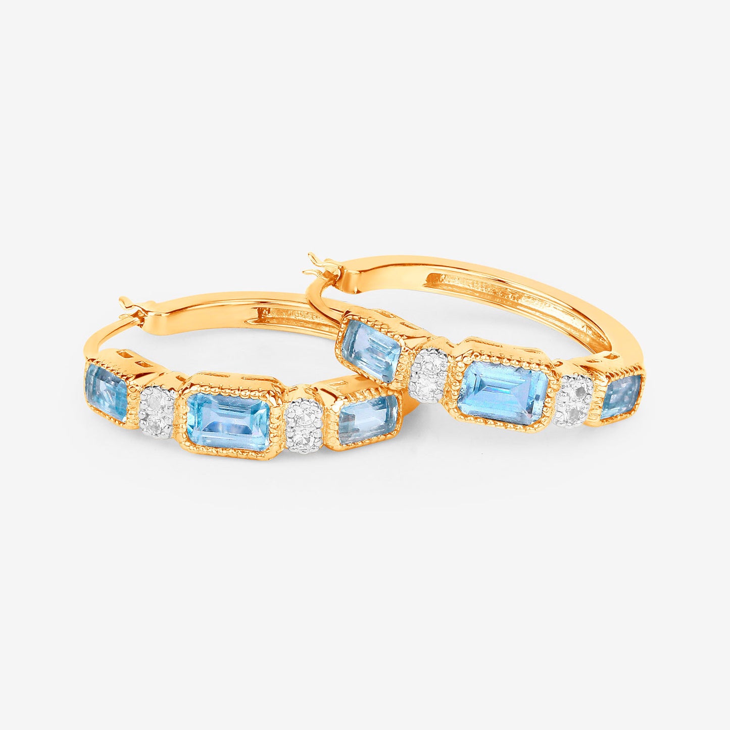 Blue Topaz Hoop Earrings 2.65 Carats Gold Plated Silver