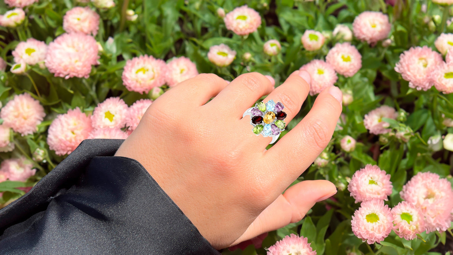 Multicolor Gemstones Flower Ring 5.2 Carats Sterling Silver