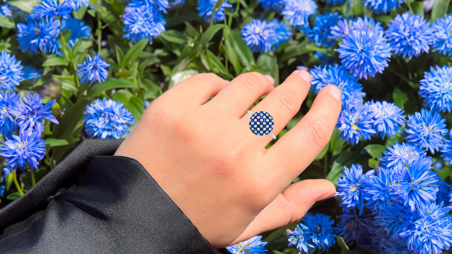 Sapphire And Diamond Checker Ball Ring 1.11 Carats 18K White Gold