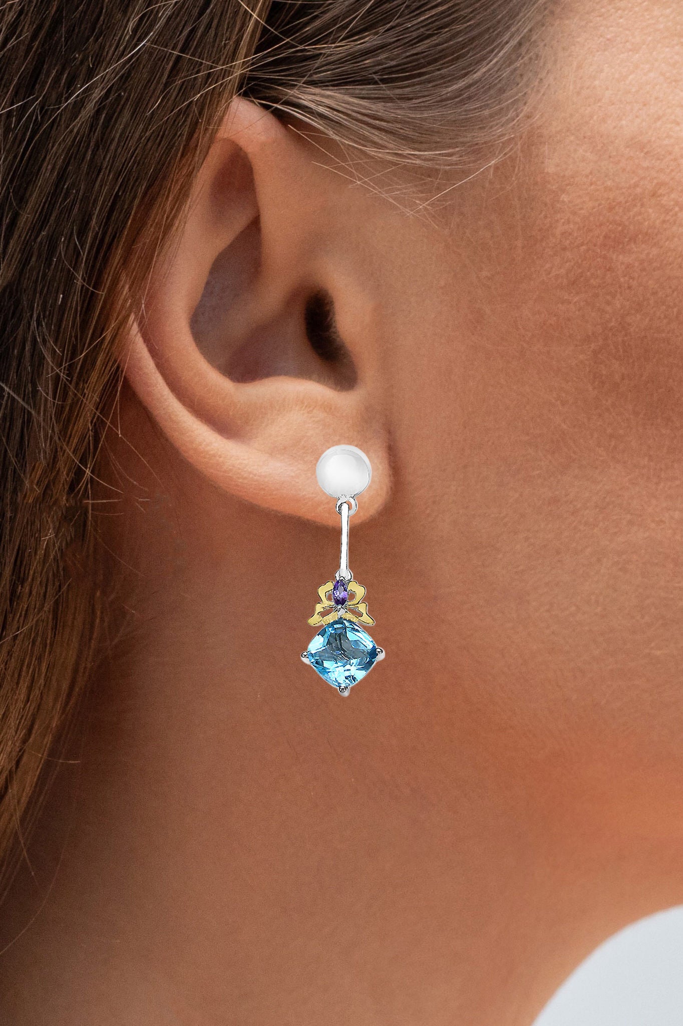 Blue Topaz Earrings With Amethyst 5.51 Carats Sterling Silver