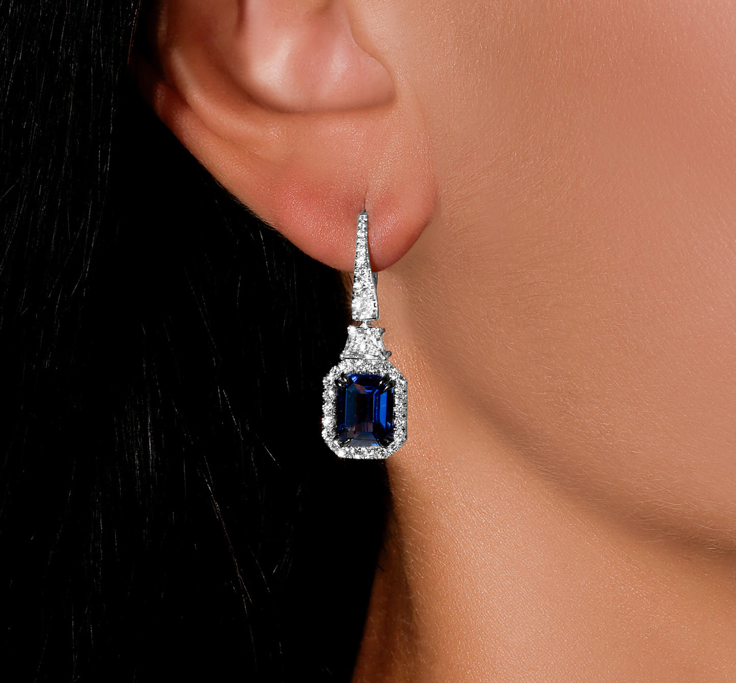 GIA Certified Blue Sapphire Dangle Earrings Diamond Halo 6.7 Carats 18K Gold