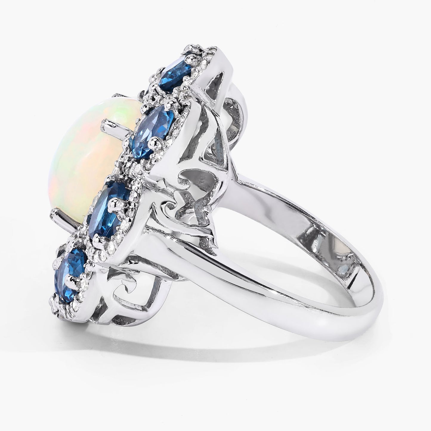 Opal Ring With London Blue Topaz 6.34 Carats Sterling Silver