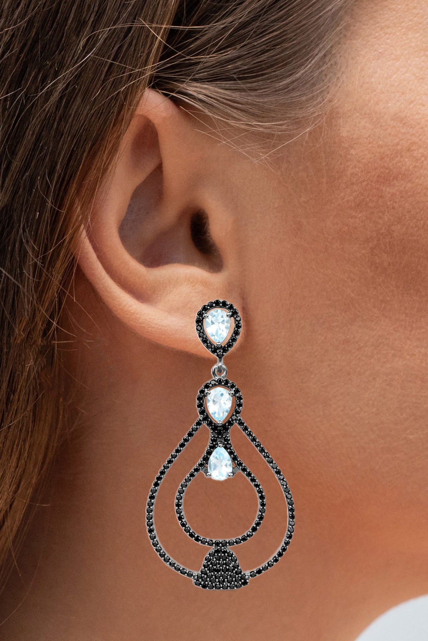 Blue Topaz Earrings With Black Spinel 8.78 Carats Sterling Silver