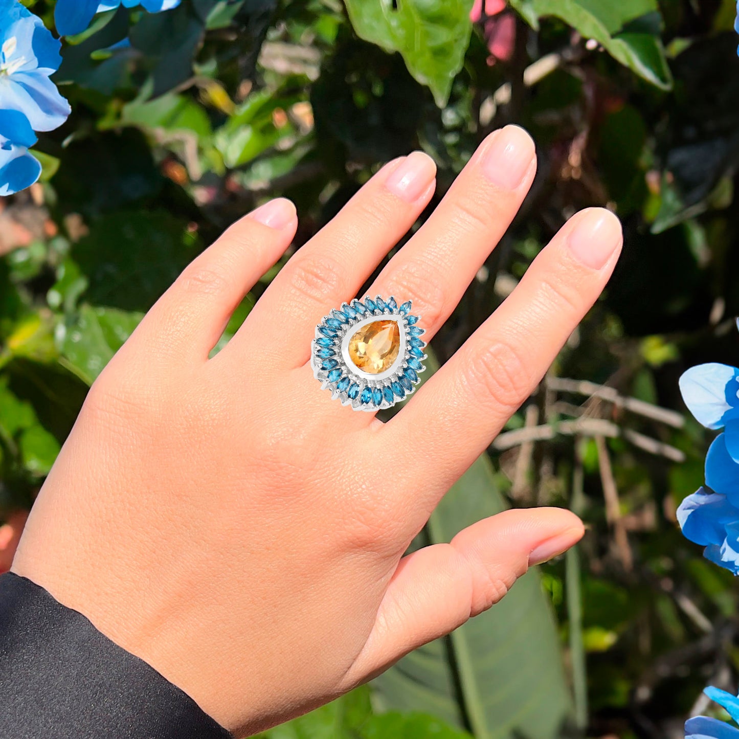 Pear Cut Citrine Cocktail Ring London Blue Topaz Halo 7.50 Carats