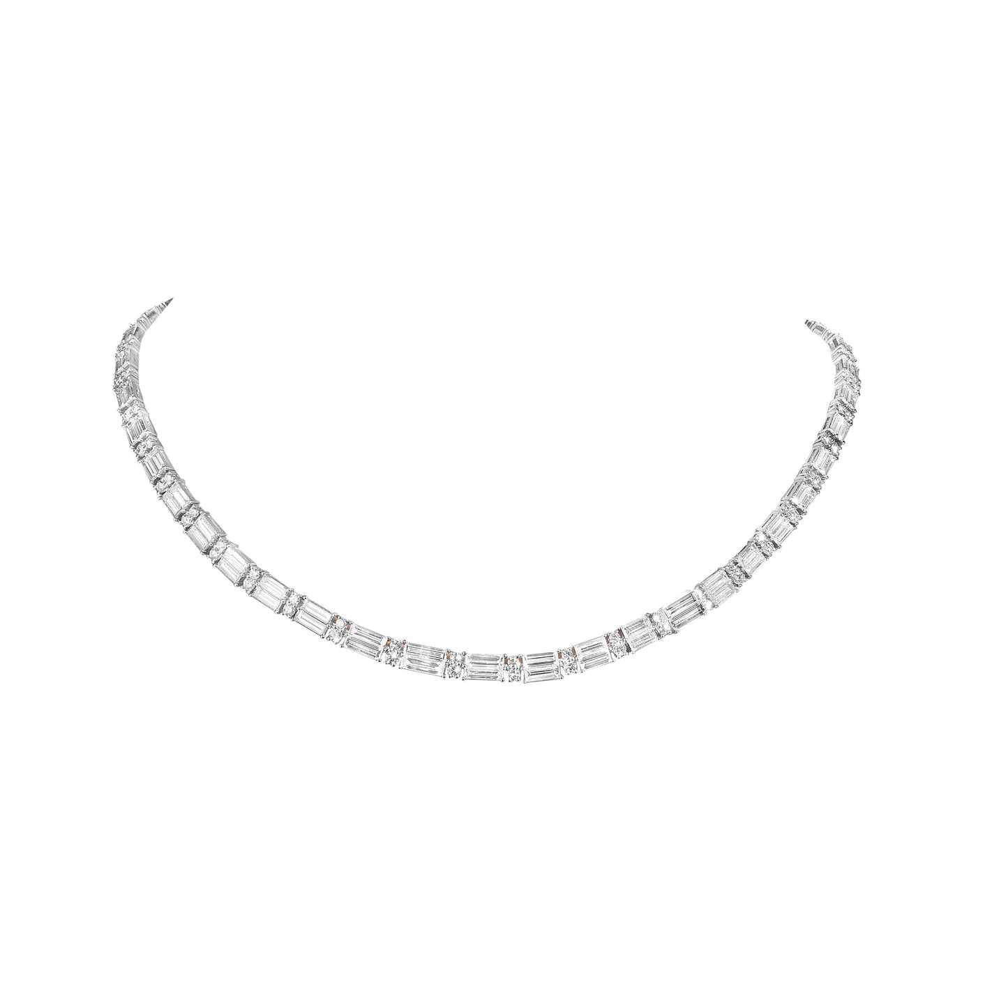Stunning Baguette and Round Cut Diamond Tennis Necklace 18.22 Carats 18K Gold