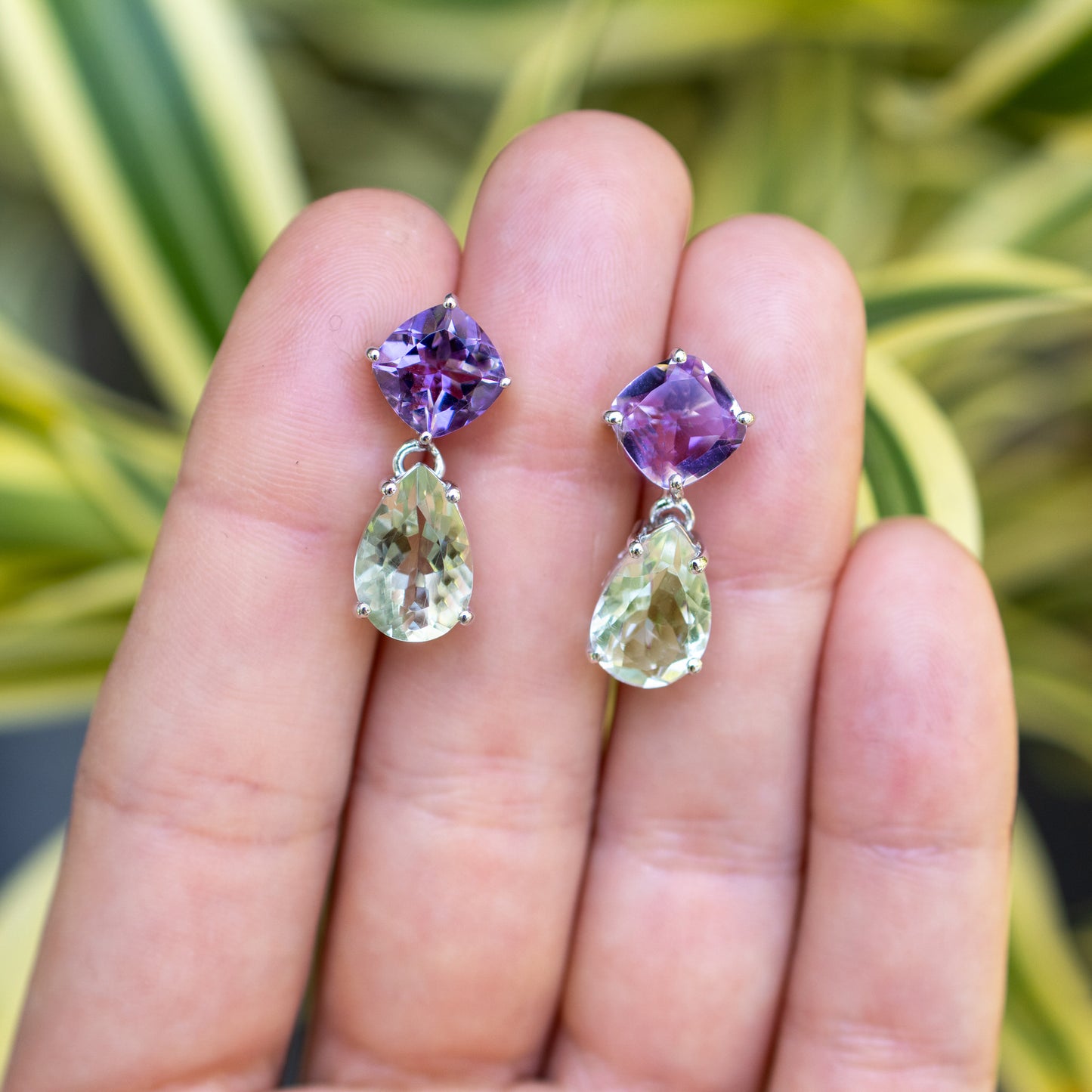 Amethyst Dangle Earrings Green and Pink 8.98 Carats Sterling Silver