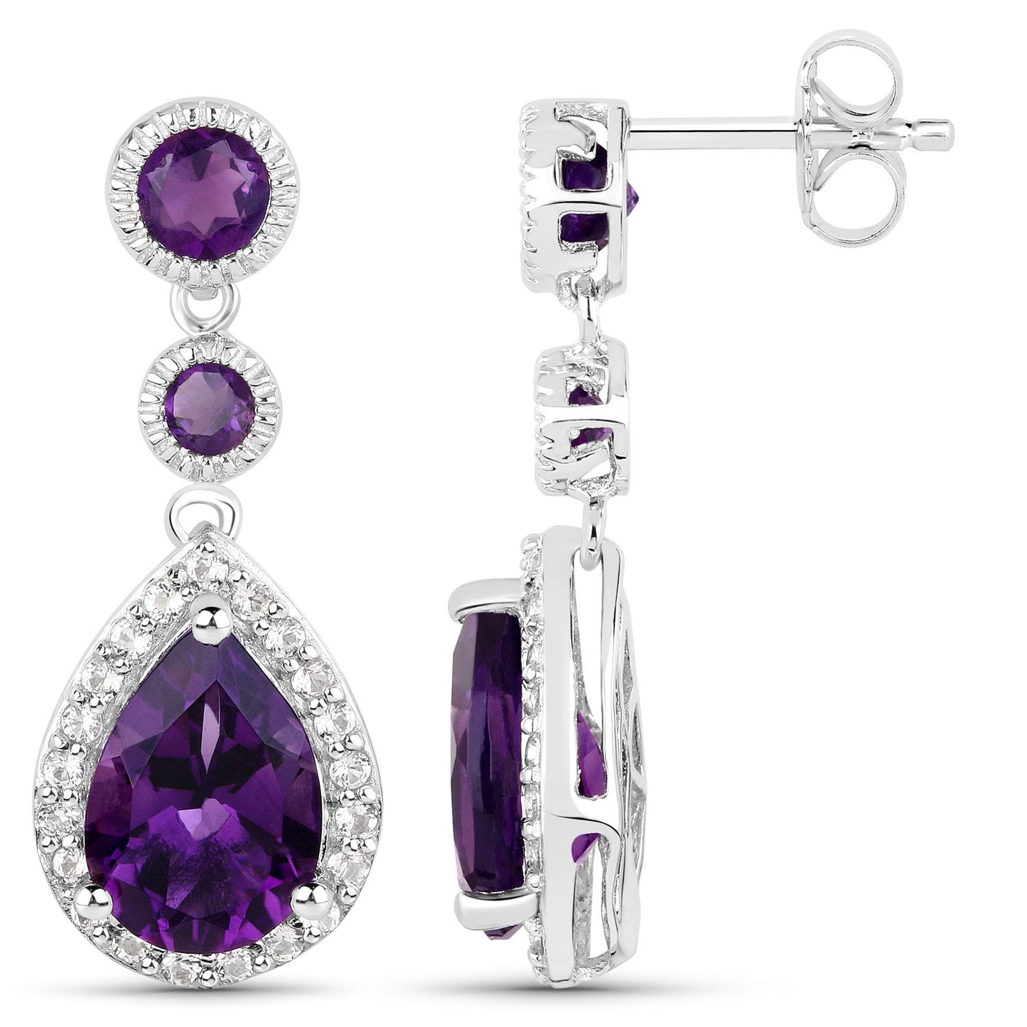 Amethyst Dangle Earrings White Topaz 6.98 Carats 18K White Gold Plated Silver